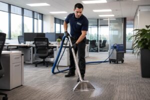 Professional cleaner extracting carpet in a modern office